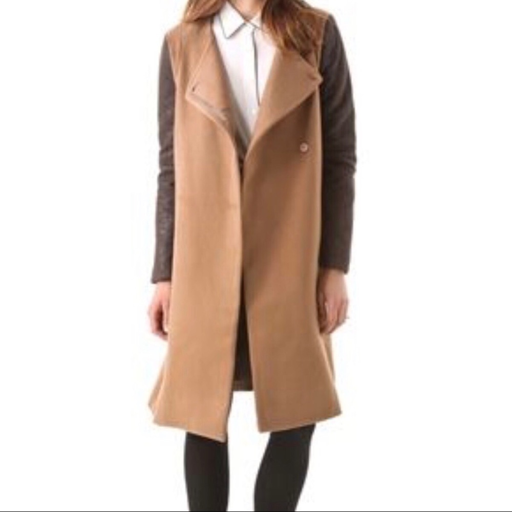 BCBG Max Azria camel coat leather sleeves S - Picture 2 of 7